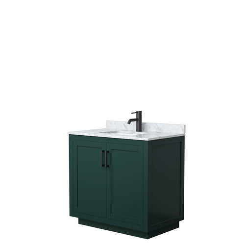 Wyndham Miranda 36 Inch Single Bathroom Vanity in Green, White Carrara Marble Countertop, Undermount Square Sink, Matte Black Trim- Wyndham