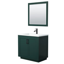 Load image into Gallery viewer, Wyndham Miranda 36 Inch Single Bathroom Vanity in Green, 1.25 Inch Thick Matte White Solid Surface Countertop, Integrated Sink, Matte Black Trim, 34 Inch Mirror- Wyndham