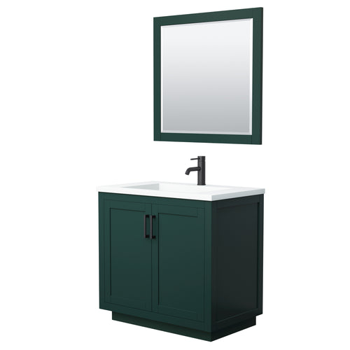 Wyndham Miranda 36 Inch Single Bathroom Vanity in Green, 1.25 Inch Thick Matte White Solid Surface Countertop, Integrated Sink, Matte Black Trim, 34 Inch Mirror- Wyndham