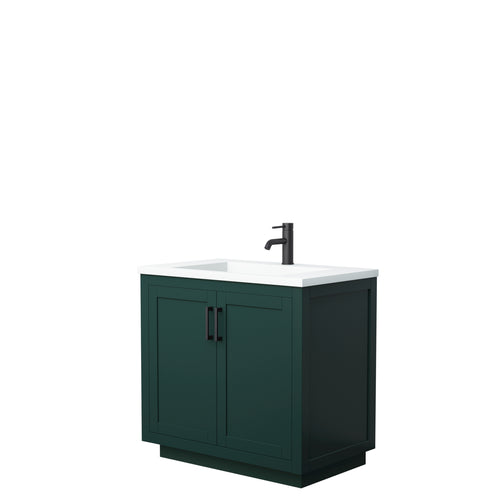 Wyndham Miranda 36 Inch Single Bathroom Vanity in Green, 1.25 Inch Thick Matte White Solid Surface Countertop, Integrated Sink, Matte Black Trim- Wyndham