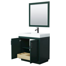 Load image into Gallery viewer, Wyndham Miranda 36 Inch Single Bathroom Vanity in Green, 4 Inch Thick Matte White Solid Surface Countertop, Integrated Sink, Matte Black Trim, 34 Inch Mirror- Wyndham