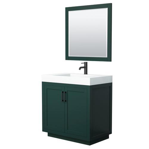 Wyndham Miranda 36 Inch Single Bathroom Vanity in Green, 4 Inch Thick Matte White Solid Surface Countertop, Integrated Sink, Matte Black Trim, 34 Inch Mirror- Wyndham