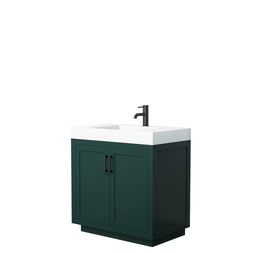 Wyndham Miranda 36 Inch Single Bathroom Vanity in Green, 4 Inch Thick Matte White Solid Surface Countertop, Integrated Sink, Matte Black Trim- Wyndham