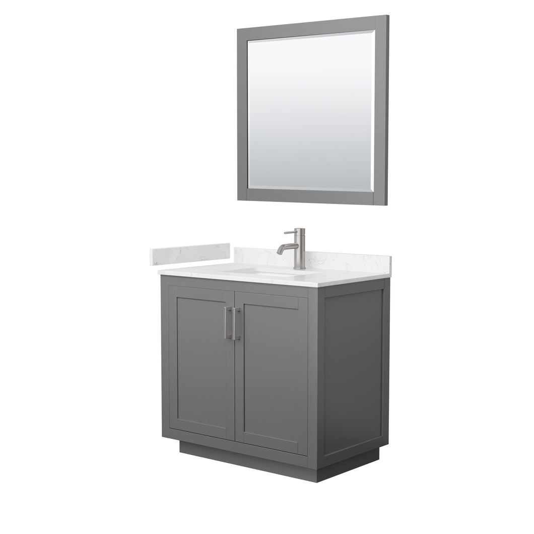 Wyndham Miranda 36 Inch Single Bathroom Vanity in Dark Gray, Light-Vein Carrara Cultured Marble Countertop, Undermount Square Sink, Brushed Nickel Trim, 34 Inch Mirror- Wyndham
