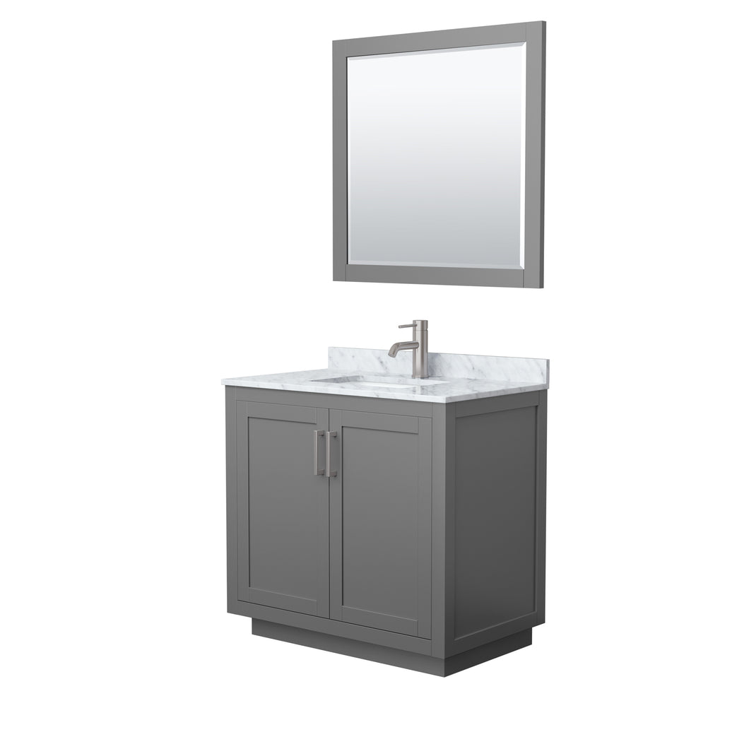 Wyndham Miranda 36 Inch Single Bathroom Vanity in Dark Gray, White Carrara Marble Countertop, Undermount Square Sink, Brushed Nickel Trim, 34 Inch Mirror- Wyndham