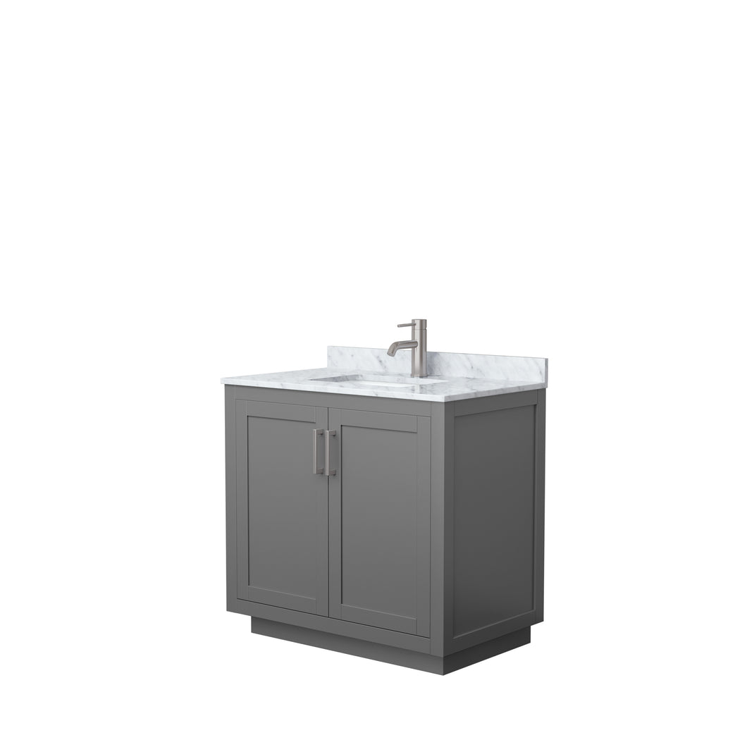 Wyndham Miranda 36 Inch Single Bathroom Vanity in Dark Gray, White Carrara Marble Countertop, Undermount Square Sink, Brushed Nickel Trim- Wyndham