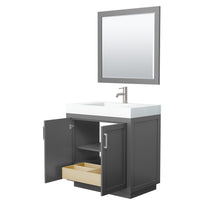 Load image into Gallery viewer, Wyndham Miranda 36 Inch Single Bathroom Vanity in Dark Gray, 4 Inch Thick Matte White Solid Surface Countertop, Integrated Sink, Brushed Nickel Trim, 34 Inch Mirror- Wyndham