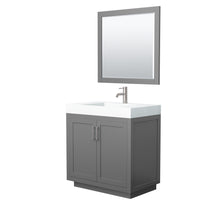 Load image into Gallery viewer, Wyndham Miranda 36 Inch Single Bathroom Vanity in Dark Gray, 4 Inch Thick Matte White Solid Surface Countertop, Integrated Sink, Brushed Nickel Trim, 34 Inch Mirror- Wyndham