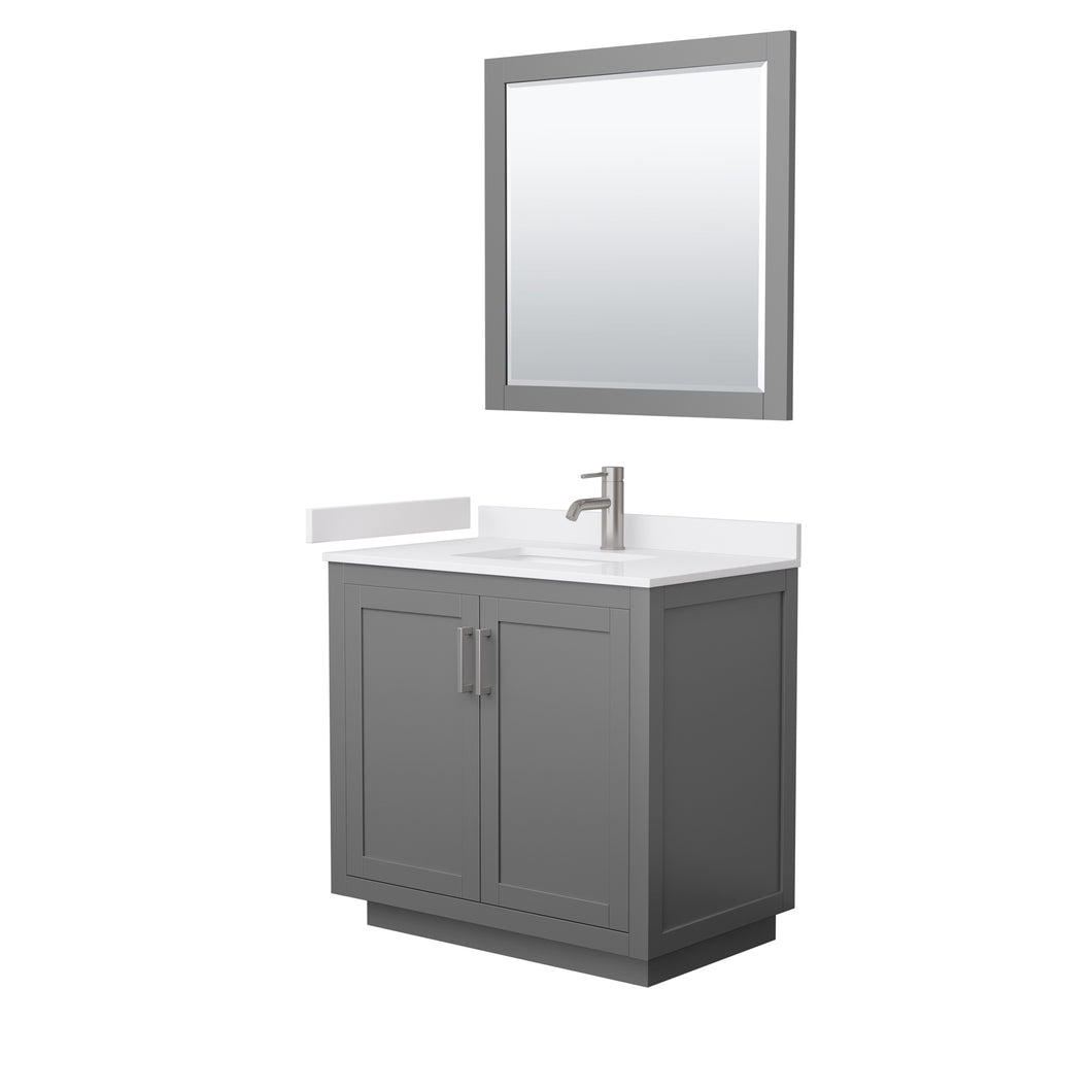 Wyndham Miranda 36 Inch Single Bathroom Vanity in Dark Gray, White Cultured Marble Countertop, Undermount Square Sink, Brushed Nickel Trim, 34 Inch Mirror- Wyndham