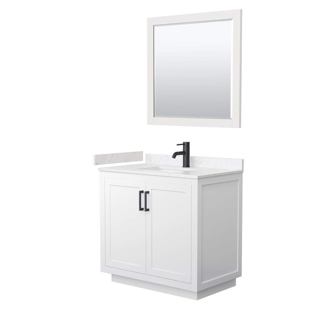 Wyndham Miranda 36 Inch Single Bathroom Vanity in White, Light-Vein Carrara Cultured Marble Countertop, Undermount Square Sink, Matte Black Trim, 34 Inch Mirror- Wyndham