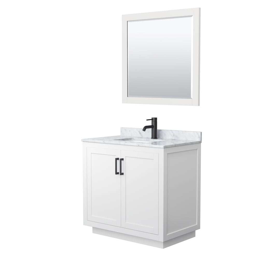 Wyndham Miranda 36 Inch Single Bathroom Vanity in White, White Carrara Marble Countertop, Undermount Square Sink, Matte Black Trim, 34 Inch Mirror- Wyndham