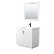 Load image into Gallery viewer, Wyndham Miranda 36 Inch Single Bathroom Vanity in White, 1.25 Inch Thick Matte White Solid Surface Countertop, Integrated Sink, Matte Black Trim, 34 Inch Mirror- Wyndham