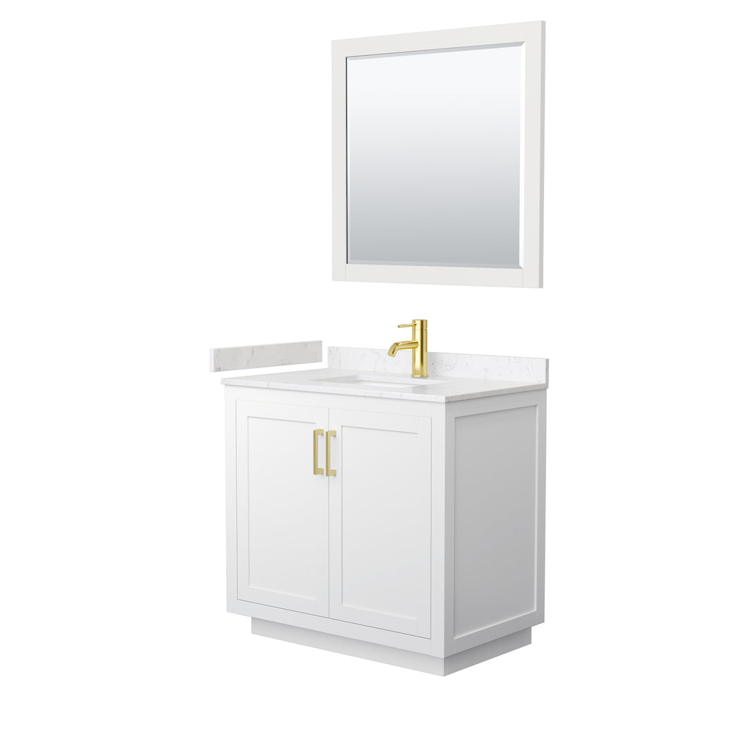 Wyndham Miranda 36 Inch Single Bathroom Vanity in White, Light-Vein Carrara Cultured Marble Countertop, Undermount Square Sink, Brushed Gold Trim, 34 Inch Mirror- Wyndham