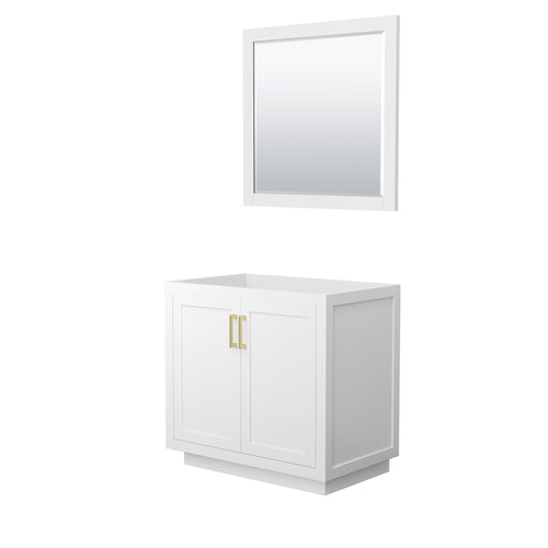 Wyndham Miranda 36 Inch Single Bathroom Vanity in White, No Countertop, No Sink, Brushed Gold Trim, 34 Inch Mirror- Wyndham