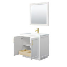 Load image into Gallery viewer, Wyndham Miranda 36 Inch Single Bathroom Vanity in White, 1.25 Inch Thick Matte White Solid Surface Countertop, Integrated Sink, Brushed Gold Trim, 34 Inch Mirror- Wyndham