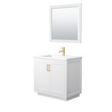 Load image into Gallery viewer, Wyndham Miranda 36 Inch Single Bathroom Vanity in White, 1.25 Inch Thick Matte White Solid Surface Countertop, Integrated Sink, Brushed Gold Trim, 34 Inch Mirror- Wyndham