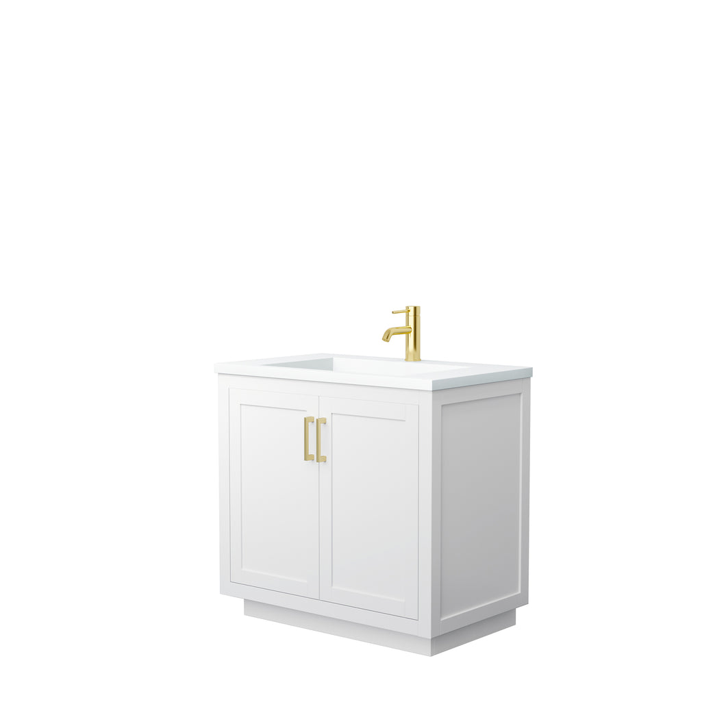 Wyndham Miranda 36 Inch Single Bathroom Vanity in White, 1.25 Inch Thick Matte White Solid Surface Countertop, Integrated Sink, Brushed Gold Trim- Wyndham