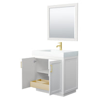 Load image into Gallery viewer, Wyndham Miranda 36 Inch Single Bathroom Vanity in White, 4 Inch Thick Matte White Solid Surface Countertop, Integrated Sink, Brushed Gold Trim, 34 Inch Mirror- Wyndham