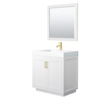 Load image into Gallery viewer, Wyndham Miranda 36 Inch Single Bathroom Vanity in White, 4 Inch Thick Matte White Solid Surface Countertop, Integrated Sink, Brushed Gold Trim, 34 Inch Mirror- Wyndham