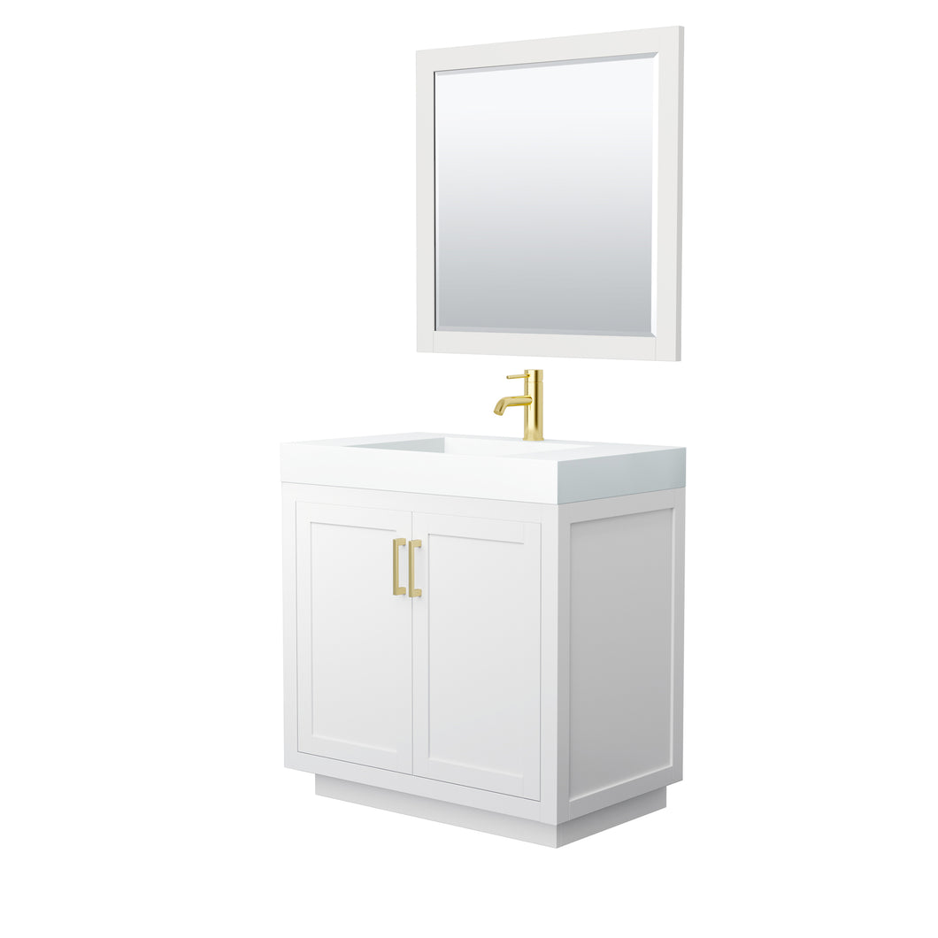 Wyndham Miranda 36 Inch Single Bathroom Vanity in White, 4 Inch Thick Matte White Solid Surface Countertop, Integrated Sink, Brushed Gold Trim, 34 Inch Mirror- Wyndham