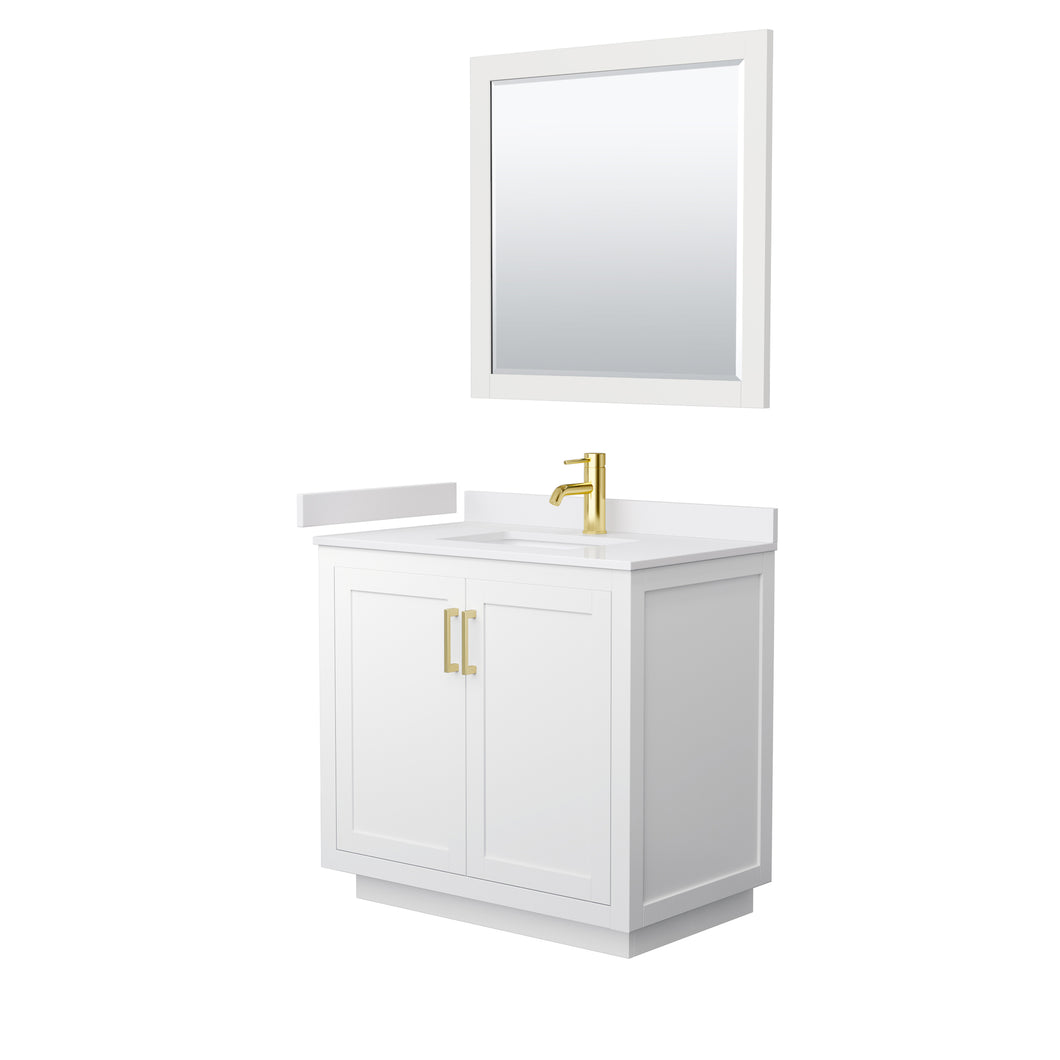 Wyndham Miranda 36 Inch Single Bathroom Vanity in White, White Cultured Marble Countertop, Undermount Square Sink, Brushed Gold Trim, 34 Inch Mirror- Wyndham