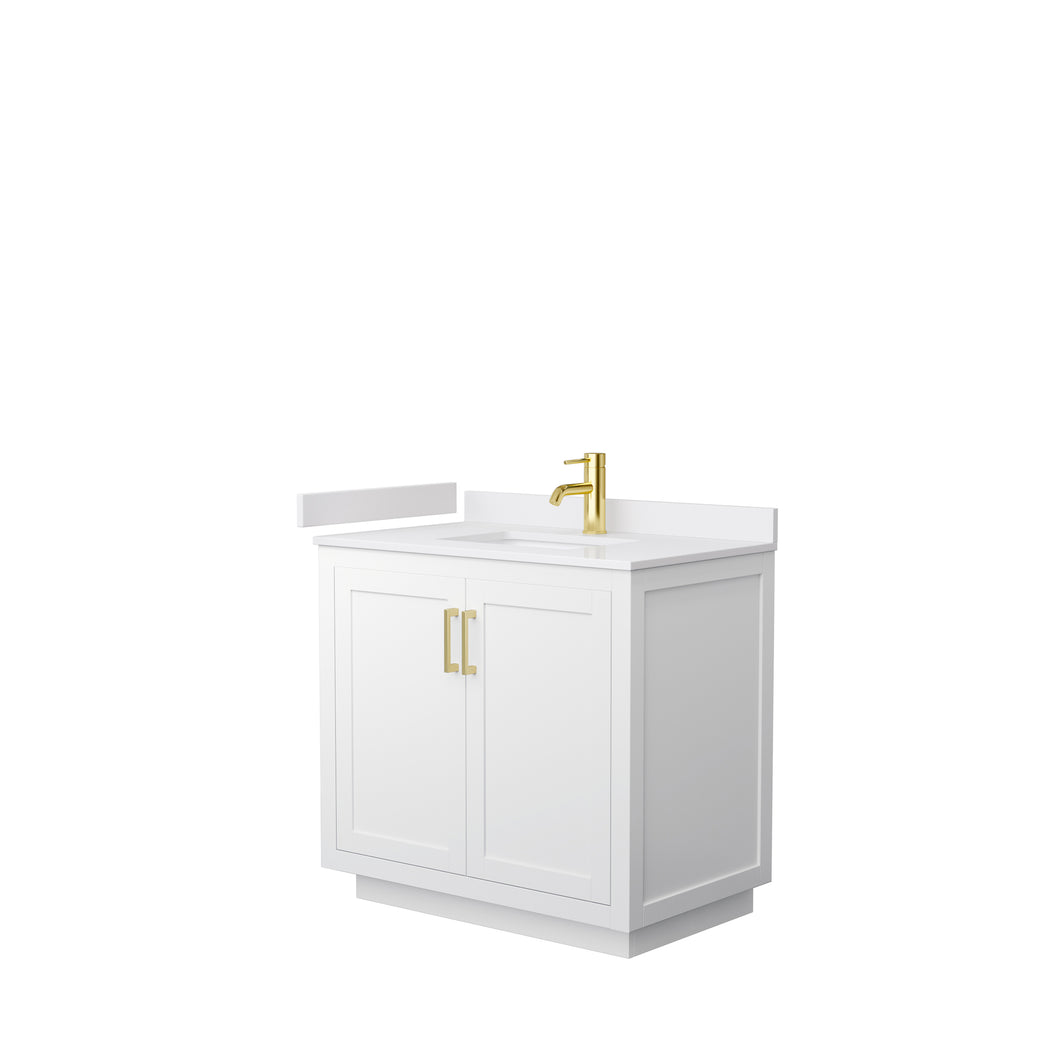 Wyndham Miranda 36 Inch Single Bathroom Vanity in White, White Cultured Marble Countertop, Undermount Square Sink, Brushed Gold Trim- Wyndham