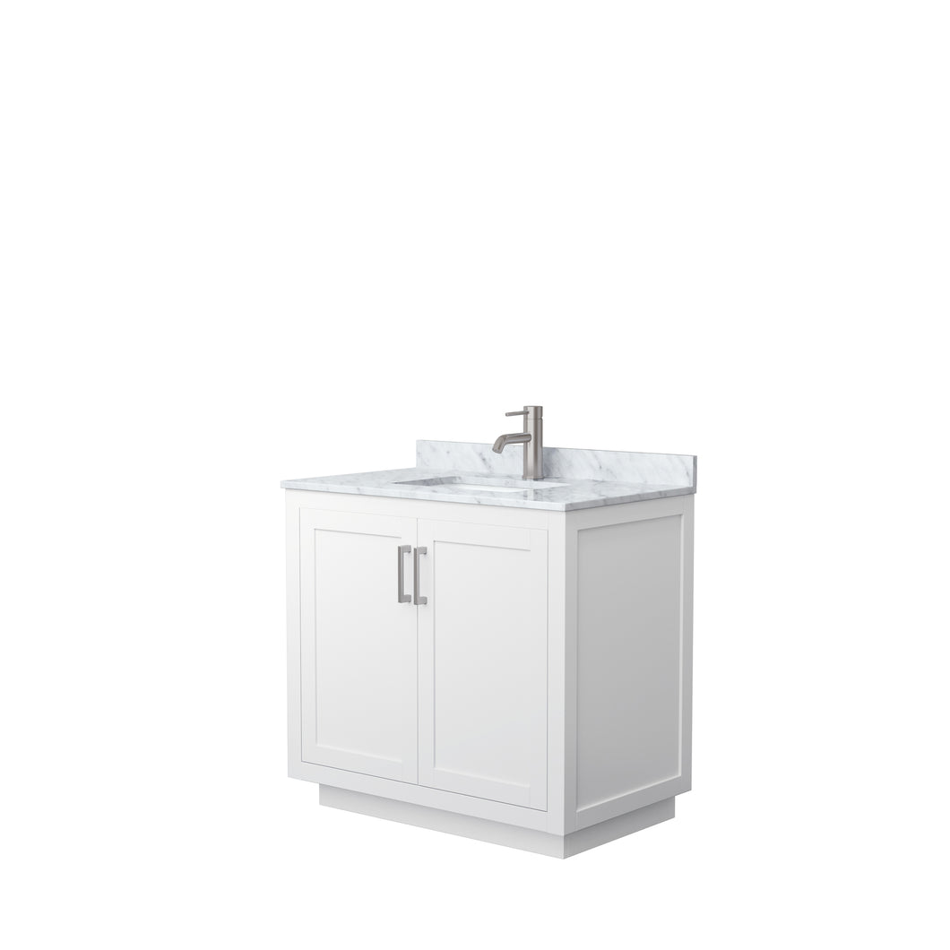 Wyndham Miranda 36 Inch Single Bathroom Vanity in White, White Carrara Marble Countertop, Undermount Square Sink, Brushed Nickel Trim- Wyndham