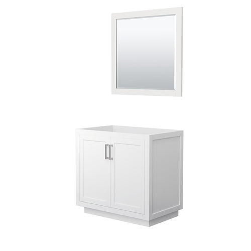 Wyndham Miranda 36 Inch Single Bathroom Vanity in White, No Countertop, No Sink, Brushed Nickel Trim, 34 Inch Mirror- Wyndham
