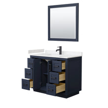 Load image into Gallery viewer, Wyndham Miranda 42 Inch Single Bathroom Vanity in Dark Blue, Light-Vein Carrara Cultured Marble Countertop, Undermount Square Sink, Matte Black Trim, 34 Inch Mirror- Wyndham