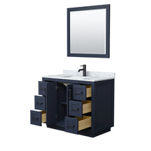 Load image into Gallery viewer, Wyndham Miranda 42 Inch Single Bathroom Vanity in Dark Blue, White Carrara Marble Countertop, Undermount Square Sink, Matte Black Trim, 34 Inch Mirror- Wyndham