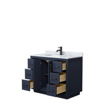 Load image into Gallery viewer, Wyndham Miranda 42 Inch Single Bathroom Vanity in Dark Blue, White Carrara Marble Countertop, Undermount Square Sink, Matte Black Trim- Wyndham