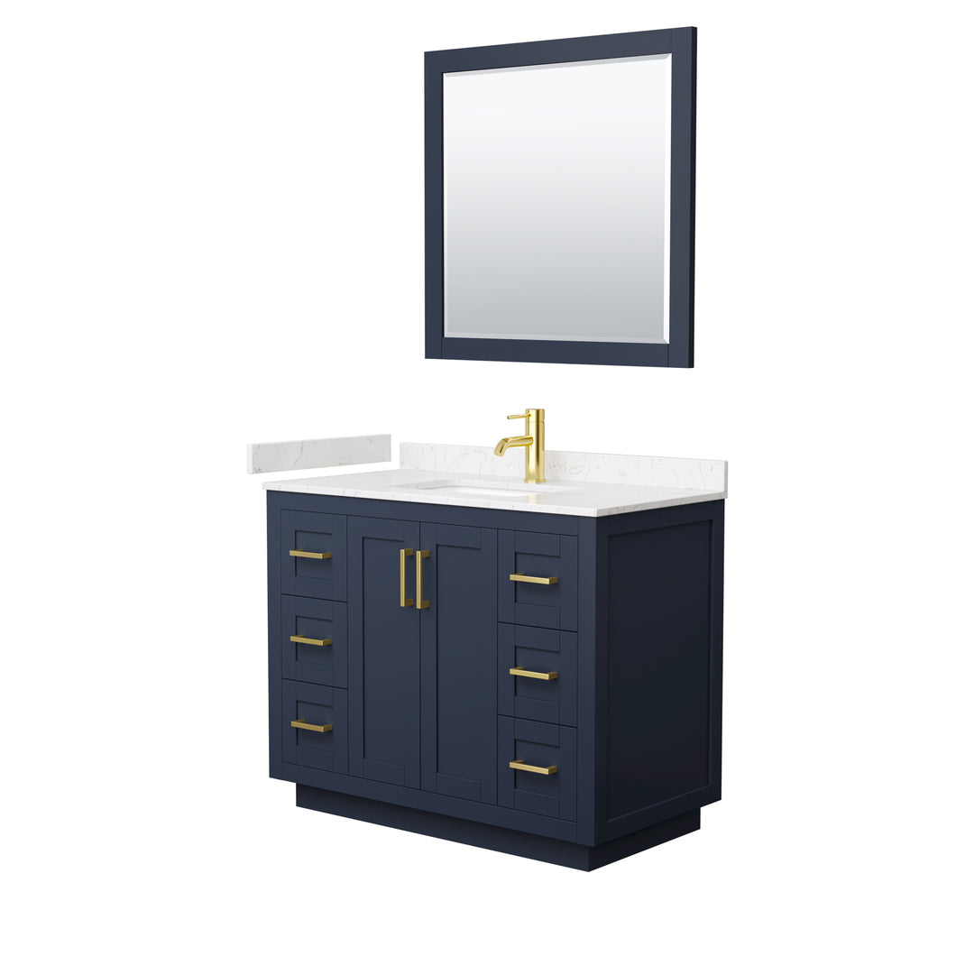 Wyndham Miranda 42 Inch Single Bathroom Vanity in Dark Blue, Light-Vein Carrara Cultured Marble Countertop, Undermount Square Sink, Brushed Gold Trim, 34 Inch Mirror- Wyndham
