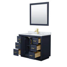 Load image into Gallery viewer, Wyndham Miranda 42 Inch Single Bathroom Vanity in Dark Blue, White Carrara Marble Countertop, Undermount Square Sink, Brushed Gold Trim, 34 Inch Mirror- Wyndham