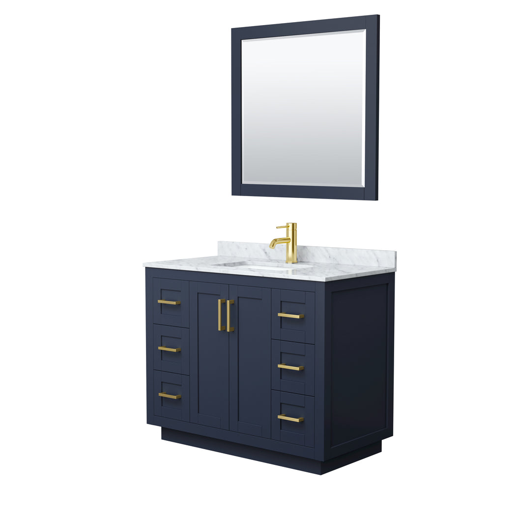 Wyndham Miranda 42 Inch Single Bathroom Vanity in Dark Blue, White Carrara Marble Countertop, Undermount Square Sink, Brushed Gold Trim, 34 Inch Mirror- Wyndham