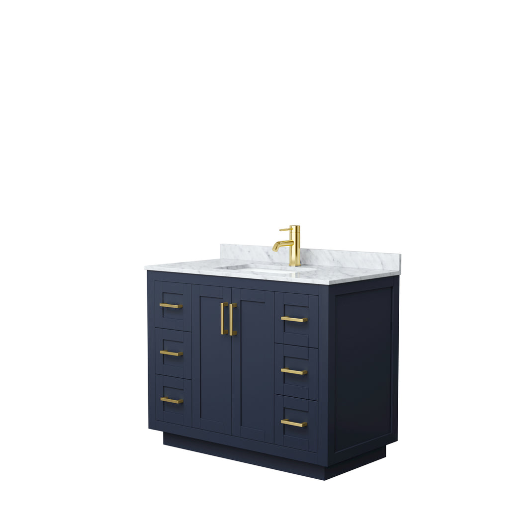 Wyndham Miranda 42 Inch Single Bathroom Vanity in Dark Blue, White Carrara Marble Countertop, Undermount Square Sink, Brushed Gold Trim- Wyndham