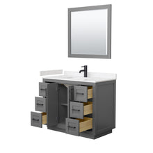 Load image into Gallery viewer, Wyndham Miranda 42 Inch Single Bathroom Vanity in Dark Gray, Light-Vein Carrara Cultured Marble Countertop, Undermount Square Sink, Matte Black Trim, 34 Inch Mirror- Wyndham