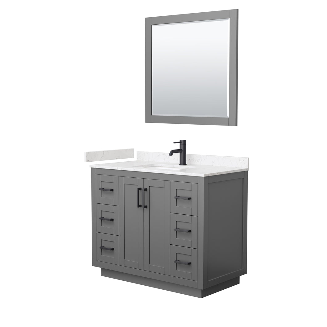 Wyndham Miranda 42 Inch Single Bathroom Vanity in Dark Gray, Light-Vein Carrara Cultured Marble Countertop, Undermount Square Sink, Matte Black Trim, 34 Inch Mirror- Wyndham