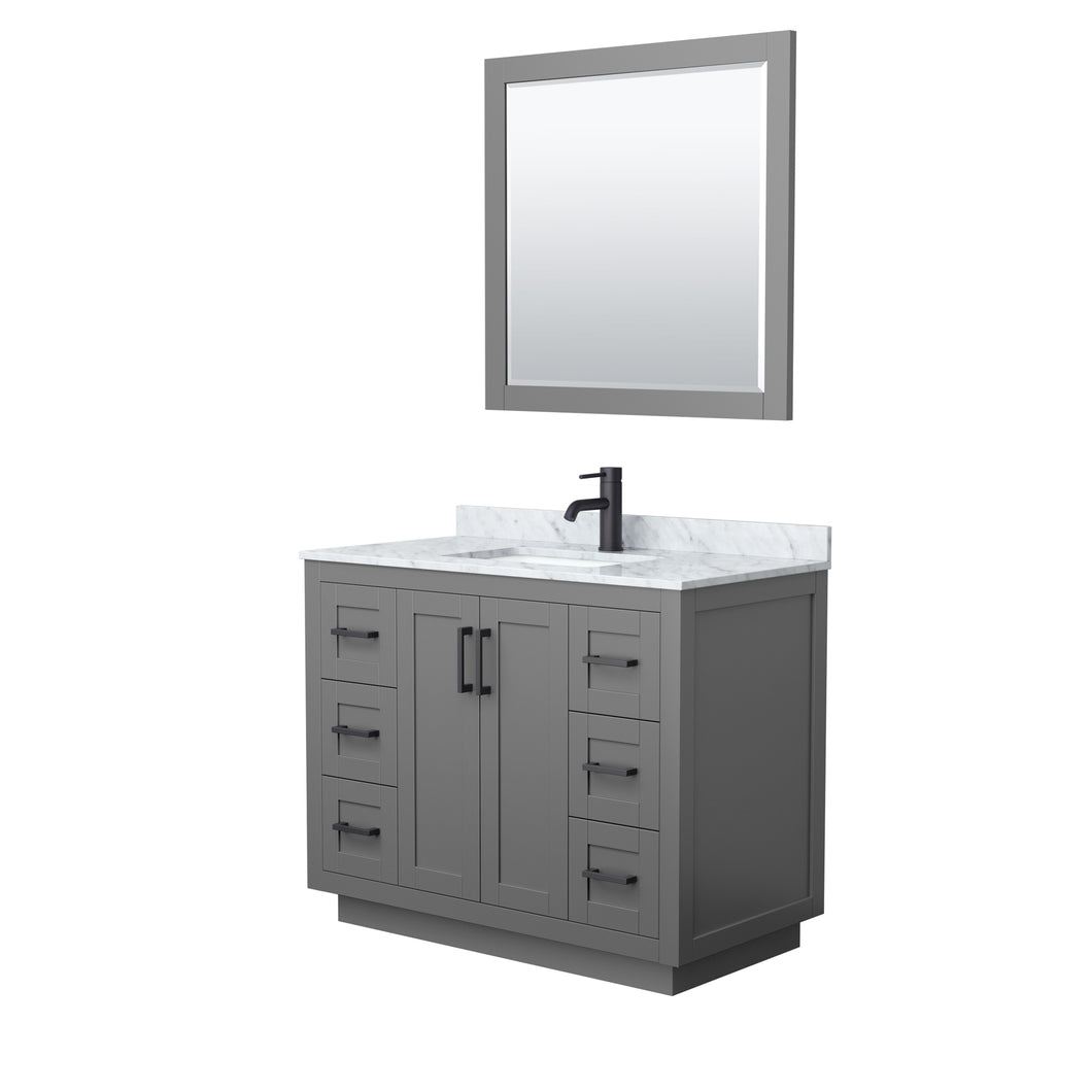 Wyndham Miranda 42 Inch Single Bathroom Vanity in Dark Gray, White Carrara Marble Countertop, Undermount Square Sink, Matte Black Trim, 34 Inch Mirror- Wyndham