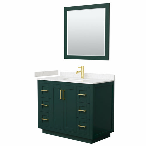 Wyndham Miranda 42 Inch Single Bathroom Vanity in Green, Light-Vein Carrara Cultured Marble Countertop, Undermount Square Sink, Brushed Gold Trim, 34 Inch Mirror- Wyndham
