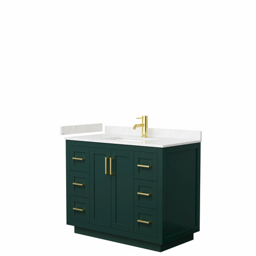 Wyndham Miranda 42 Inch Single Bathroom Vanity in Green, Light-Vein Carrara Cultured Marble Countertop, Undermount Square Sink, Brushed Gold Trim- Wyndham