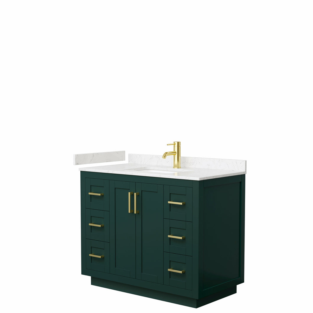 Wyndham Miranda 42 Inch Single Bathroom Vanity in Green, Light-Vein Carrara Cultured Marble Countertop, Undermount Square Sink, Brushed Gold Trim- Wyndham