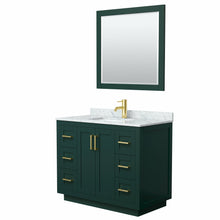 Load image into Gallery viewer, Wyndham Miranda 42 Inch Single Bathroom Vanity in Green, White Carrara Marble Countertop, Undermount Square Sink, Brushed Gold Trim, 34 Inch Mirror- Wyndham