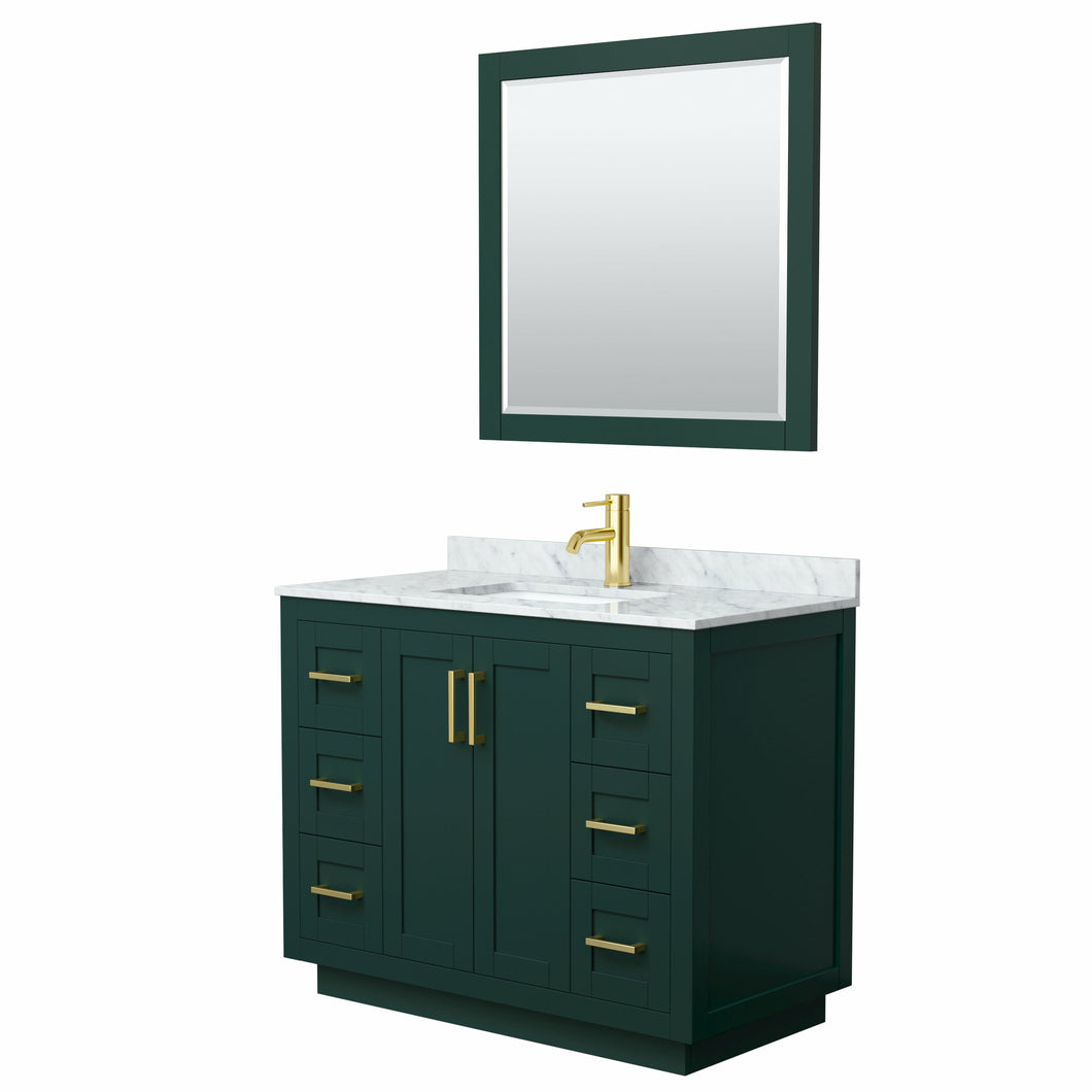 Wyndham Miranda 42 Inch Single Bathroom Vanity in Green, White Carrara Marble Countertop, Undermount Square Sink, Brushed Gold Trim, 34 Inch Mirror- Wyndham