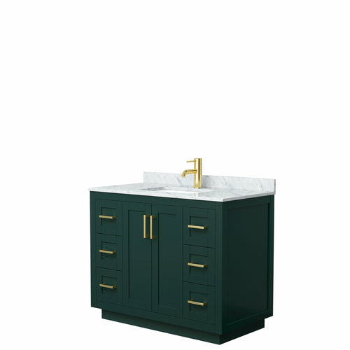 Wyndham Miranda 42 Inch Single Bathroom Vanity in Green, White Carrara Marble Countertop, Undermount Square Sink, Brushed Gold Trim- Wyndham