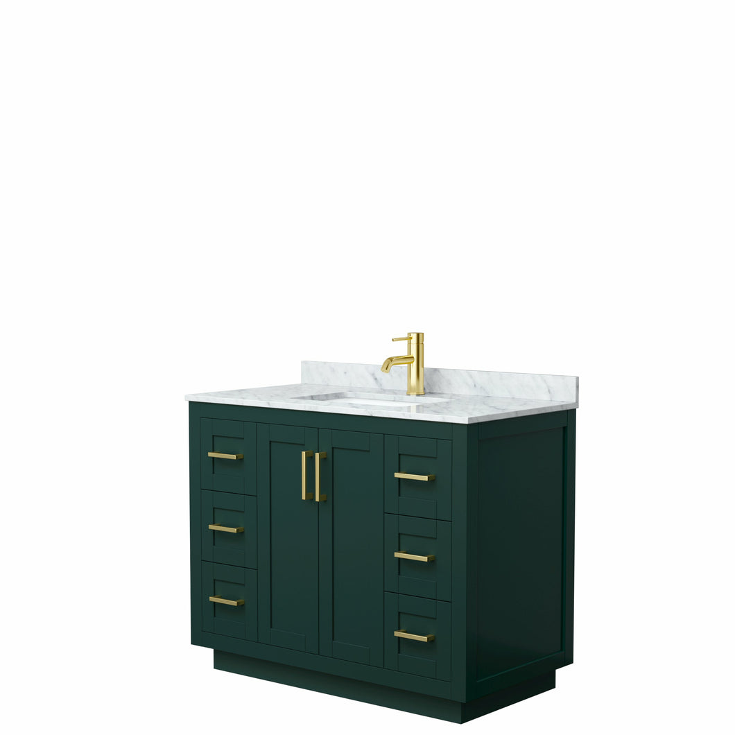Wyndham Miranda 42 Inch Single Bathroom Vanity in Green, White Carrara Marble Countertop, Undermount Square Sink, Brushed Gold Trim- Wyndham