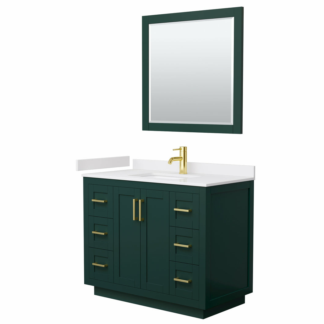 Wyndham Miranda 42 Inch Single Bathroom Vanity in Green, White Cultured Marble Countertop, Undermount Square Sink, Brushed Gold Trim, 34 Inch Mirror- Wyndham