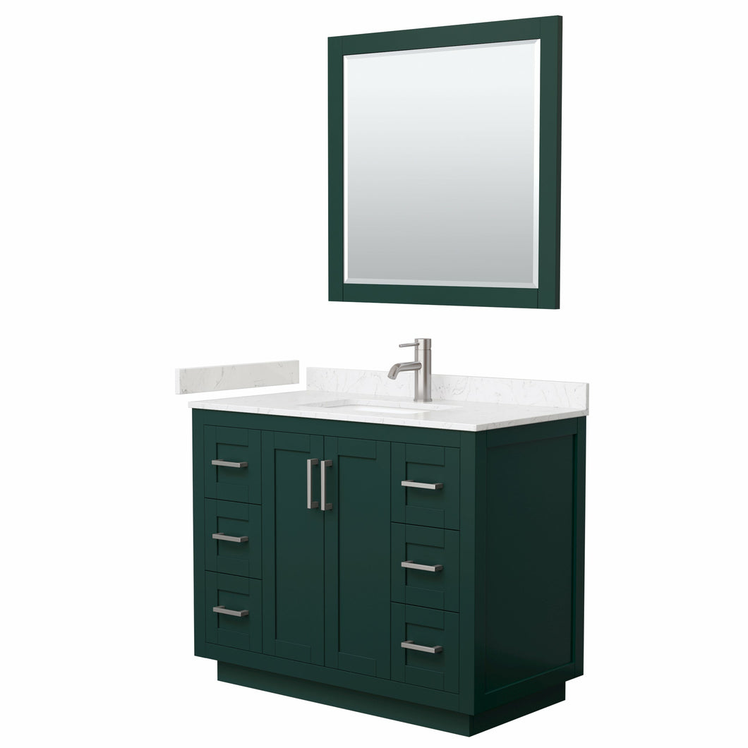 Wyndham Miranda 42 Inch Single Bathroom Vanity in Green, Light-Vein Carrara Cultured Marble Countertop, Undermount Square Sink, Brushed Nickel Trim, 34 Inch Mirror- Wyndham