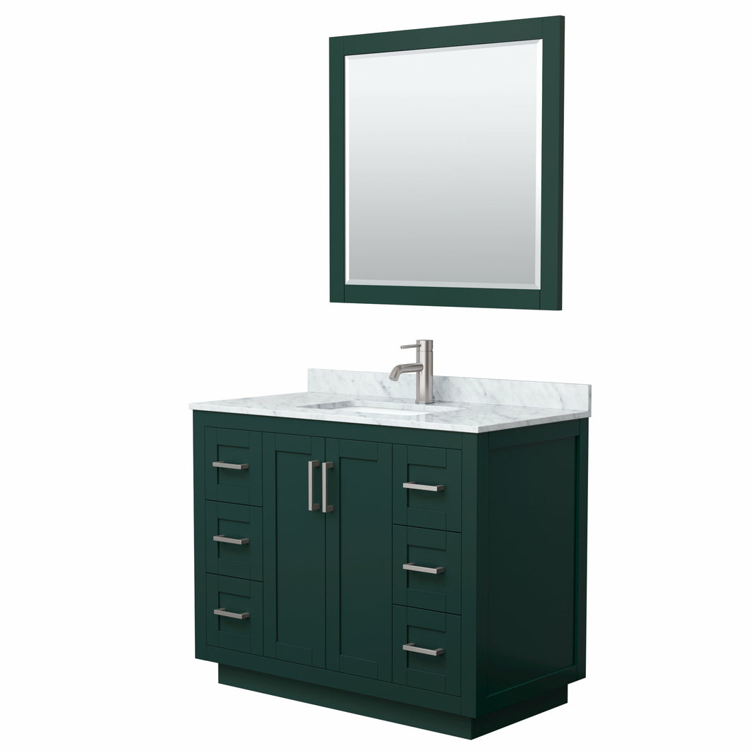 Wyndham Miranda 42 Inch Single Bathroom Vanity in Green, White Carrara Marble Countertop, Undermount Square Sink, Brushed Nickel Trim, 34 Inch Mirror- Wyndham