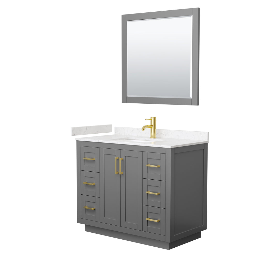 Wyndham Miranda 42 Inch Single Bathroom Vanity in Dark Gray, Light-Vein Carrara Cultured Marble Countertop, Undermount Square Sink, Brushed Gold Trim, 34 Inch Mirror- Wyndham