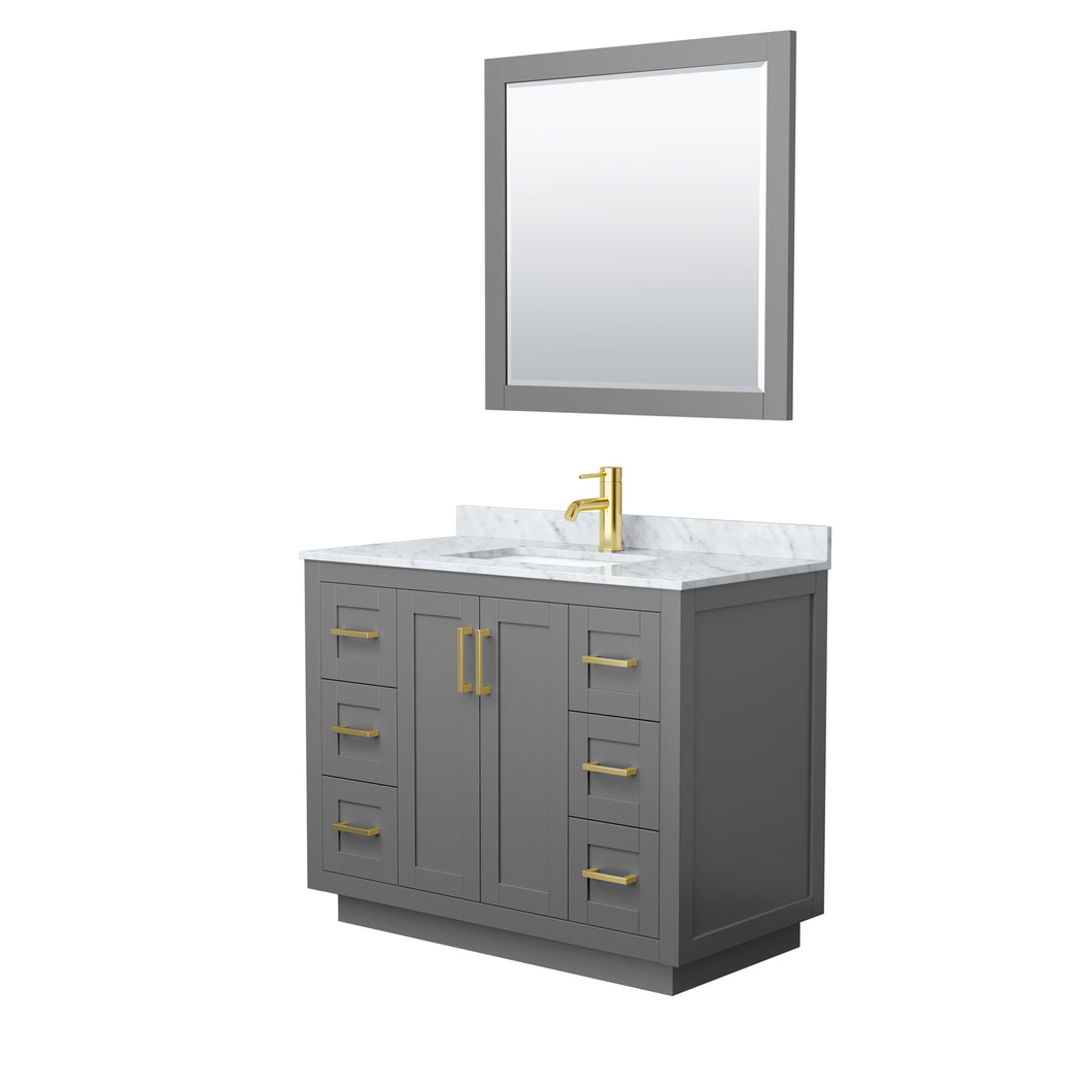 Wyndham Miranda 42 Inch Single Bathroom Vanity in Dark Gray, White Carrara Marble Countertop, Undermount Square Sink, Brushed Gold Trim, 34 Inch Mirror- Wyndham